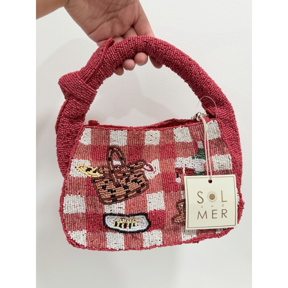 Sol and Mer Beaded Picnic Handbag Red Gingham Basket Bow Shoulder Bag NWT
